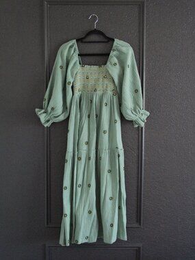 Pink Lily Sage Green Smocked Midi Dress Embroidered Floral Cottagecore Small